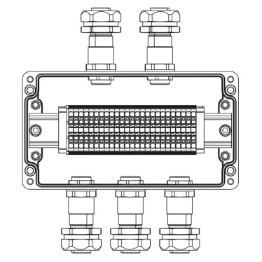 Взрывозащищенная клеммная коробка из полиэстера TBE-P-04-(25xHMM.2)-2xKAEPM2MHK-20(A)-3xKAEPM2MHK-20(C)1Ex e IIC Т5 Gb / Ex tb IIIC T95°C Db IP66 / ШЗ / КЗ