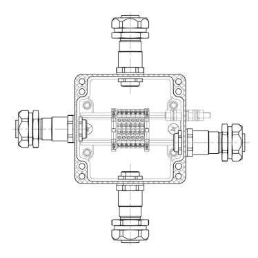 Взрывозащищенная клеммная коробка из полиэстера TBE-P-03-(6xCBC.2)-1xKAEPM2MHK-20(A)-1xKAEPM2MHK-20(B)-1xKAEPM2MHK-20(C)-1xKAEPM2MHK-20(D)1Ex e IIC Т5 Gb / Ex tb IIIC T95°C Db IP66 / КЗ