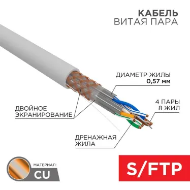 Кабель витая пара, S/FTP, CAT 6A, ZH нг(А)-HF, 4х2х0,575мм, 23AWG, INDOOR, SOLID, серый, 305м REXANT PRO | 02-0325 | REXANT