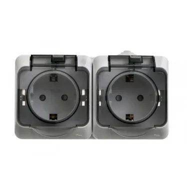 ЭТЮД Розетка двойная наружная с заземлением со шторками IP44 серая