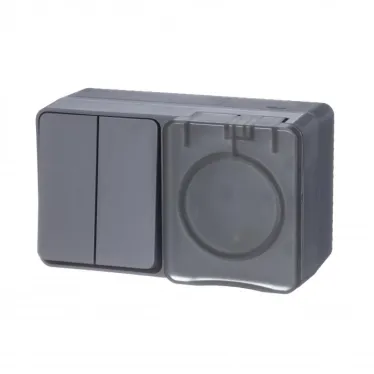 AtlasDesign Profi54 БЛОК: розетка с заземлением со шторками 16А 250B, выключатель двухклавишный IP54 10А, АНТРАЦИТ, Россия