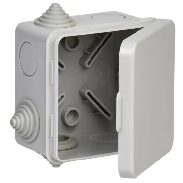 Коробка распаячная КМ41238 для открытой проводки соткидной крышкой 80х80х50мм IP54 (RAL 7035, 7 гермовводов)