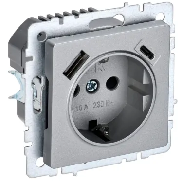 BRITE Розетка с заземлением с защитными шторками 16А с USB A+C 18Вт РЮш11-1-БрА алюминий