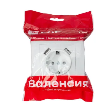 Валенсия розетка 1-местная с/з 16А белая с защ. штор. с 2 USB 2,1А