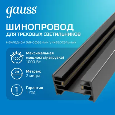 Шинопровод накладной AC 220В Черный IP20 2000х34мм с адаптером питания и заглушкой Track Gauss