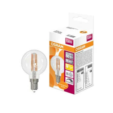 Лампа светодиодная LED 5Вт E14 CLB60D тепло-бел, Filament диммируемая,прозр.шар OSRAM