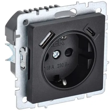 BRITE Розетка с заземлением с защитными шторками 16А с USB A+C 18Вт РЮш11-1-БрЧ черный