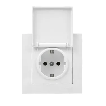 Валенсия розетка 1-местная с/з 16А белая с крышкой и защ. штор. IP44