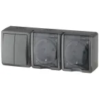 Блок две розетки+выключатель двойной IP54, 16A(10AX)-250В, ОУ, Эра Эксперт, серый, 11-7404-03