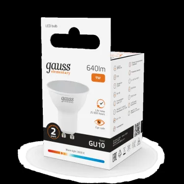Лампа светодиодная LED 9 Вт 640 лм 3000К софит MR16 теплый GU10 AC 220В Elementary Gauss