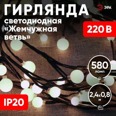 Светодиодная новогодняя гирлянда ЕNIG - 24 Жемчужная ветвь, нить, 2,4 м, холодный свет, 72 LED