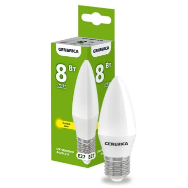 Лампа светодиодная C35 свеча 8Вт 230В 3000К E27 GENERICA