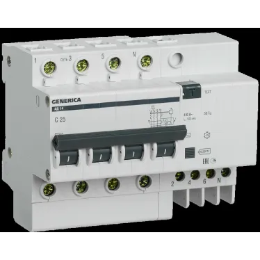 Выключатель автоматический дифференциальный АД14 4Р 25А 100мА GENERICA