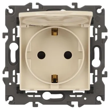 Розетка 2P+E Schuko со шторками с крышкой, 16А-250В, Эра Elegance, сл.кость, 14-2103-02