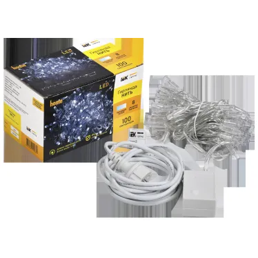 LIGHTING Гирлянда нить 10м 100 светодиодов белый свет IP44 прозрачный шнур 3м 230В контроллер 8 сцен IEK