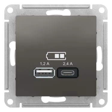 РОЗЕТКА USB ATLASDESIGN A+С, 5В/2,4 А, 2х5В/1,2 А, механизм, СТАЛЬ