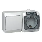 ЭТЮД Блок Переключатель одноклавишный/Розетка наружная с заземлением со шторками IP44 серый