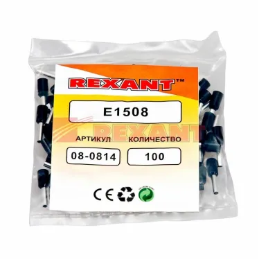 Наконечник штыревой втулочный изолир F-8 мм 1.5 кв мм (НШВи 1.5-8) черный, REXANT