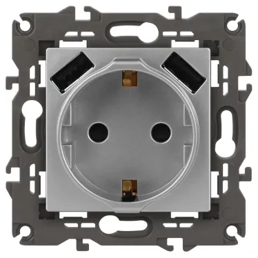 Розетка 2P+E 16A-250В, штор. с 2xUSB 5В-3А, Эра Elegance, алюминий 14-4109-03