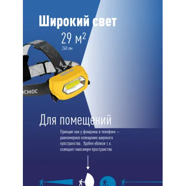 Фонарь налобный аккумуляторный , 3W COB LED, аккум. 3,7V 800mAh, 210Lm, 6 часов, Косм ос