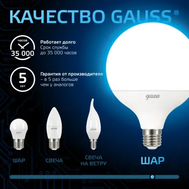 Лампа светодиодная G125 22W 1840lm 6500K E27 LED 1/10 | 105102322 | Gauss
