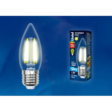 Лампа светодиодная.LED-C35-13W/3000K/E27/CL PLS02WH картон Форма свеча, прозрачная. Sky. Теплый (3000К). Картон.