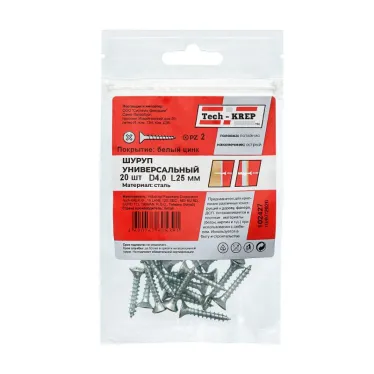 Шуруп универсальный 4х25 потайная головка, остроконечный, оцинкованный (20шт) - пакет