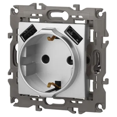 Розетка 2P+E 16A-250В, штор. с 2xUSB 5В-3А, Эра Elegance, алюминий 14-4109-03