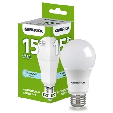 Лампа светодиодная A60 груша 15Вт 230В 6500К E27 GENERICA