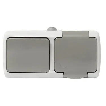 Блок розетка Мурманск 1-м 16А с заземлением с крышкой + одноклавишный выключатель IP54 серый