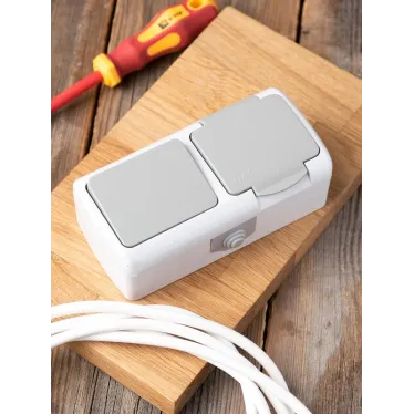 Блок розетка Мурманск 1-м 16А с заземлением с крышкой + одноклавишный выключатель IP54 серый