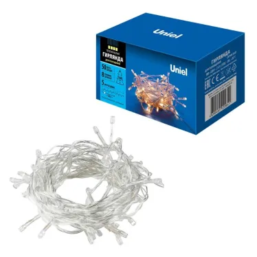 Гирлянда светодиодная с контроллером 5м 50 светодиодов Теплый Провод прозрачный ULD-S0500-050/DTA WARM WHITE IP20