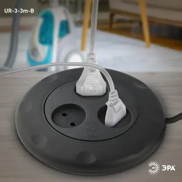 Удлинитель (черный) рулетка, без заземл, 2x0.75мм2, 3гн, 3м (10/600) UR-3-3 м-B