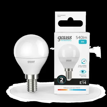 Лампа светодиодная LED 8 Вт 540 лм 4100К шар P45 нейтральный E14 AC 220В Elementary Gauss