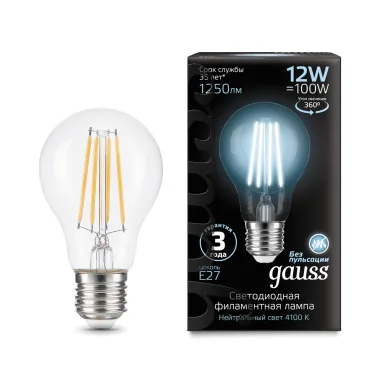 Лампа светодиодная Filament А60 12W 1250lm 4100К Е27 LED 1/10/40 | 102902212 | Gauss