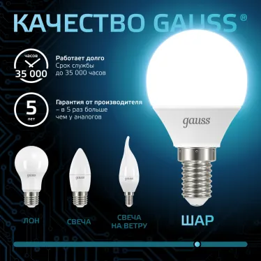 Лампа светодиодная LED 6,5Вт E14 220В 4100К шар | 105101207 | Gauss