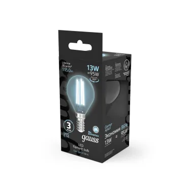 Лампа светодиодная Filament Шар 13W 1150lm 4100К Е14 LED 1/10/50 | 105801213 | Gauss
