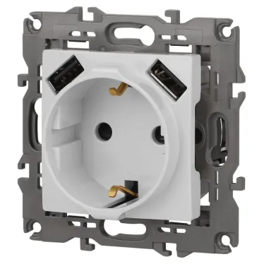 Розетка 2P+E 16A-250В, штор. с 2xUSB 5В-3А, Эра Elegance, белый 14-4109-01