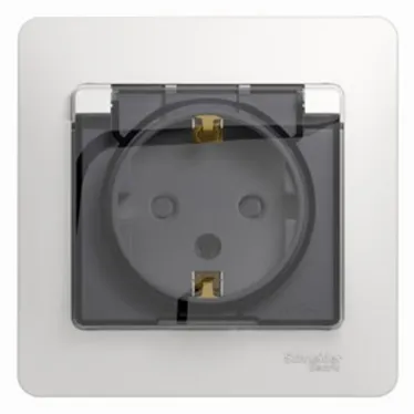 GLOSSA Розетка с заземлением со шторками с крышкой белая в сборе IP44