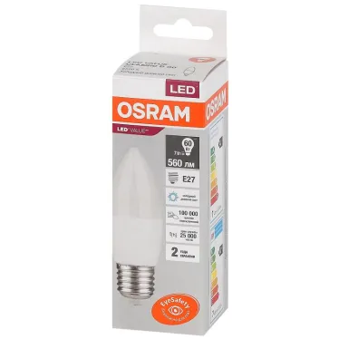 Лампа светодиодная LED 7 Вт E27 6500К 560Лм свеча 220 В (замена 60Вт) OSRAM