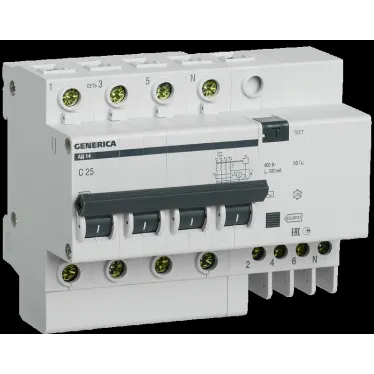 Выключатель автоматический дифференциальный АД14 4Р 25А 300мА GENERICA