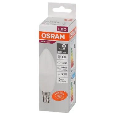 Лампа светодиодная LED 10 Вт E14 4000К 800Лм свеча 220 В (замена 75Вт) OSRAM