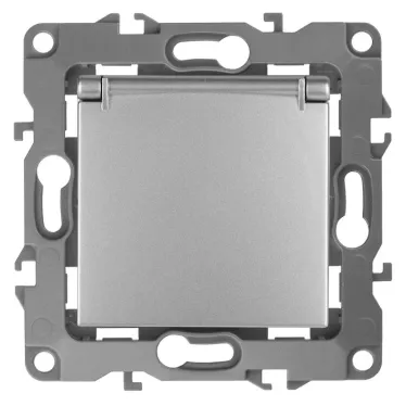 Розетка 2P+E Schuko со шторками с крышкой, 16A-250В, Эра12, алюминий, 12-2103-03