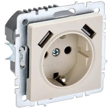 BRITE Розетка с заземлением с защитными шторками 16А с USB A+A 2,1А РЮш10-1-БрКр бежевый