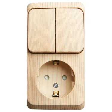 ЭТЮД Блок открытой установки Розетка с зеземлением со шторками + Выключатель двухклавишный сосна