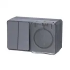 AtlasDesign Profi54 БЛОК: розетка с заземлением со шторками 16А 250B, выключатель двухклавишный IP54 10А, АНТРАЦИТ, Россия