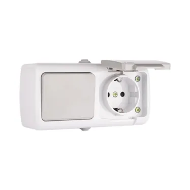 Блок розетка Мурманск 1-м 16А с заземлением с крышкой + одноклавишный выключатель IP54 серый