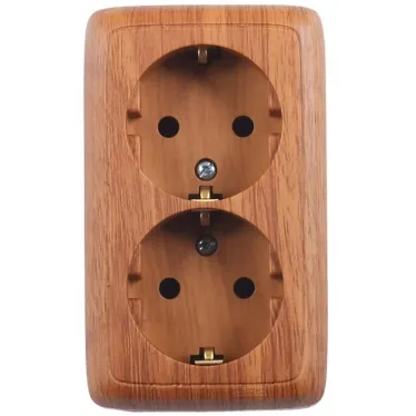 Розетка двойная наружная с заземлением с изоляционной пластиной дуб