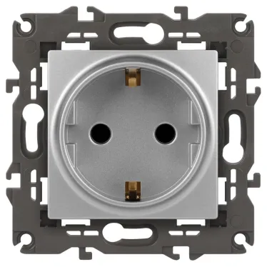 Розетка 2P+E Schuko со шторками, 16А-250В, Эра Elegance, алюминий, 14-2102-03