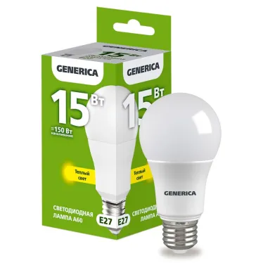 Лампа светодиодная A60 груша 15Вт 230В 3000К E27 GENERICA